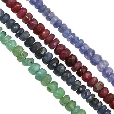 90cts Ruby, Emerald, Tanzanite & Blue Sapphire Faceted Rondelles Approx 3x1 to 4x2mm, 15cm Each Strand.