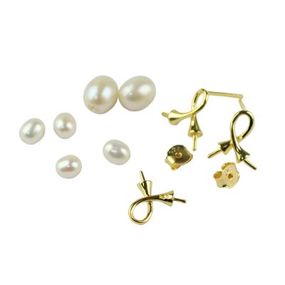 Gold Plated 925 Sterling Silver Loop Pendant & Earring Suite with Approx 4x4x5mm & 2x6x7mm Half Drilled White Freshwater Pearl Drops