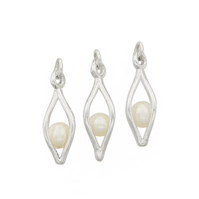 925 Sterling Silver Caged Pearls Charms Set with 5mm White Freshwater Cultured Pearl, Approx 7x16mm, 3pcs