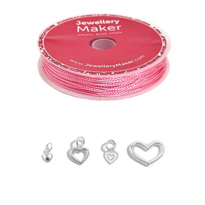 Pink Nylon Cord with 925 Sterling Silver Heart Charms and Heart Carrier Clasp With Downloadable Instructions By Carol Vickers