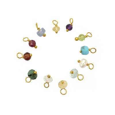 Gold plated 925 Sterling Silver Birthstone Charms, 12pcs
