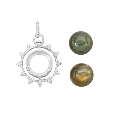 925 Sterling Silver Double Bezel Setting Pendant with Green Jadeite & Labradorite Cabochons, Approx 10mm