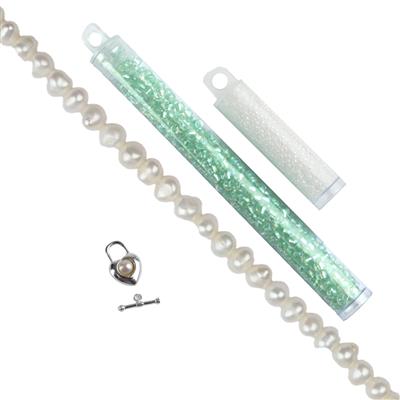 White Freshwater Cultured Potato Pearls, White & Pale Mint Seed Bead Project With Instructions By Mark Smith
