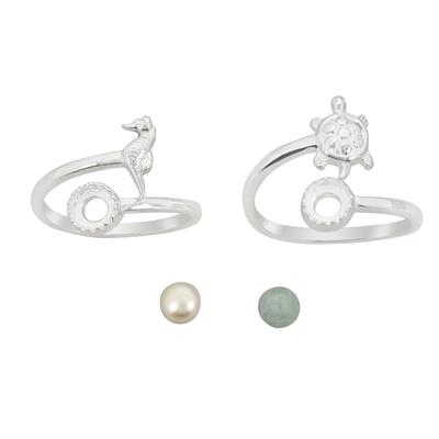 925 Sterling Silver Ocean Themed Adjustable Rings With Cabochons, 2pcs