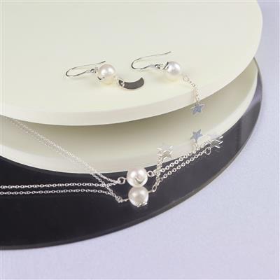 White Freshwater Pearls with Moon Pegs & 925 Sterling Silver Trace Chain