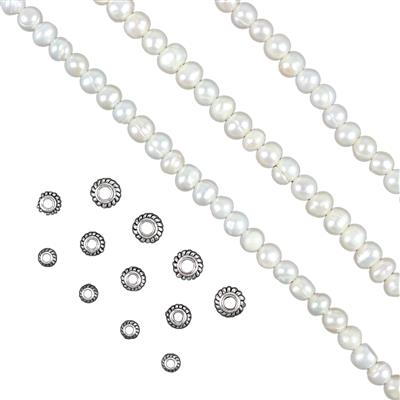 925 Ridged Spacer Beads & 3x Strands 5-6mm White Freshwater Potato Pearls 