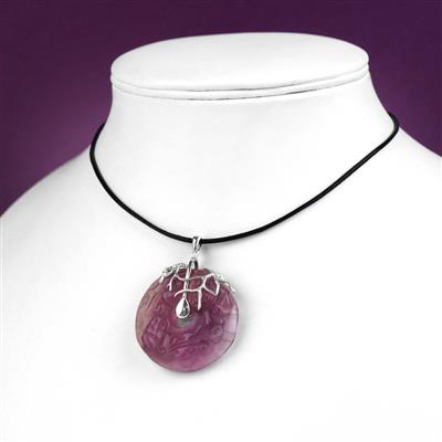 Purple Fluorite Carved Donut Approx 34mm with Sterling Silver Bail, 1.5mm Black Leather Cord  50cm & Sterling Silver End Tube & Clasp